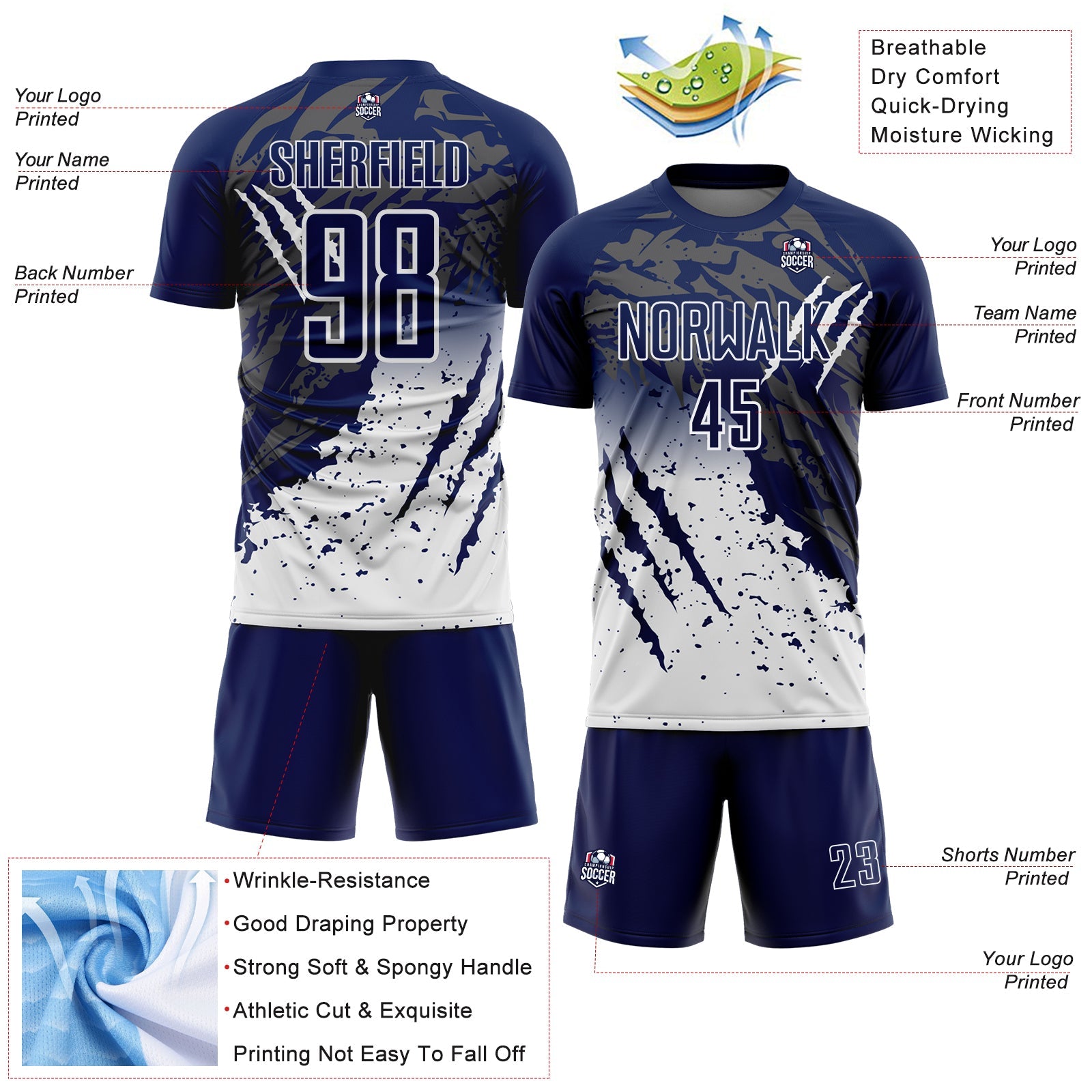 Custom Navy White Gradient Claw Mark Splatter Sports Sublimation Soccer Uniform Jersey view 4