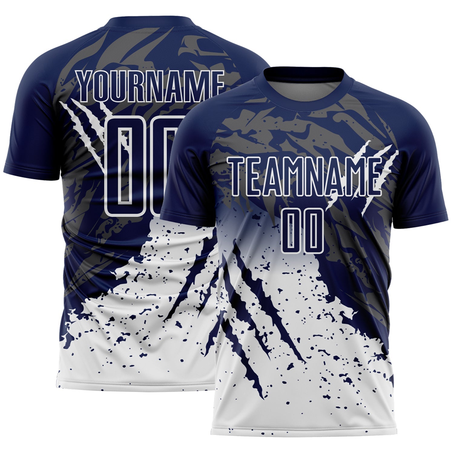 Custom Navy White Gradient Claw Mark Splatter Sports Sublimation Soccer Uniform Jersey - Main View