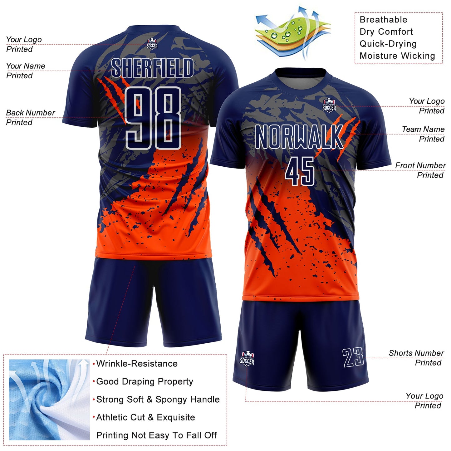 Custom Navy White-Orange Gradient Claw Mark Splatter Sports Sublimation Soccer Uniform Jersey view 4