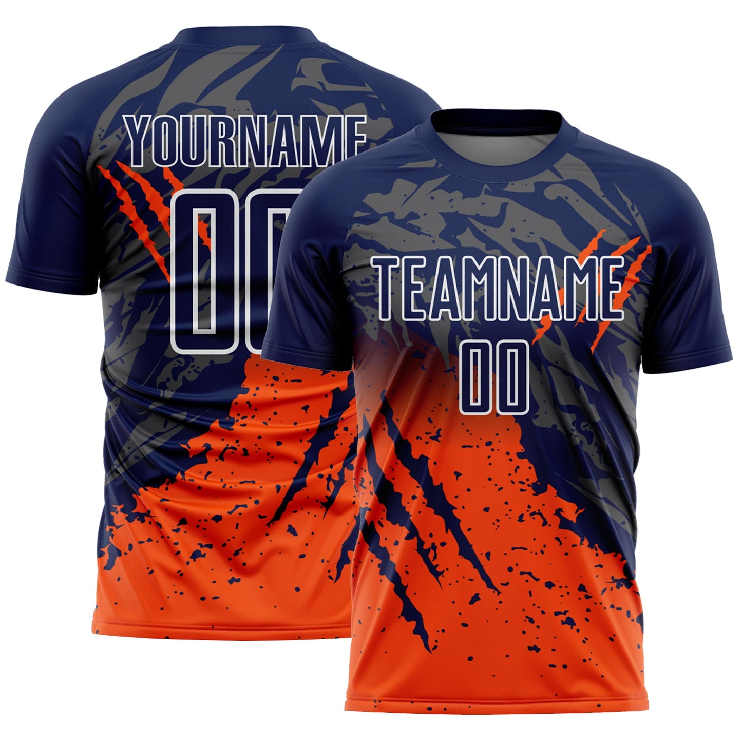 Custom Navy White-Orange Gradient Claw Mark Splatter Sports Sublimation Soccer Uniform Jersey - Main View