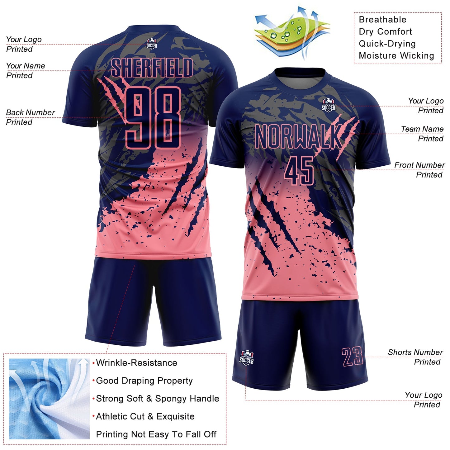 Custom Navy Medium Pink Gradient Claw Mark Splatter Sports Sublimation Soccer Uniform Jersey view 4