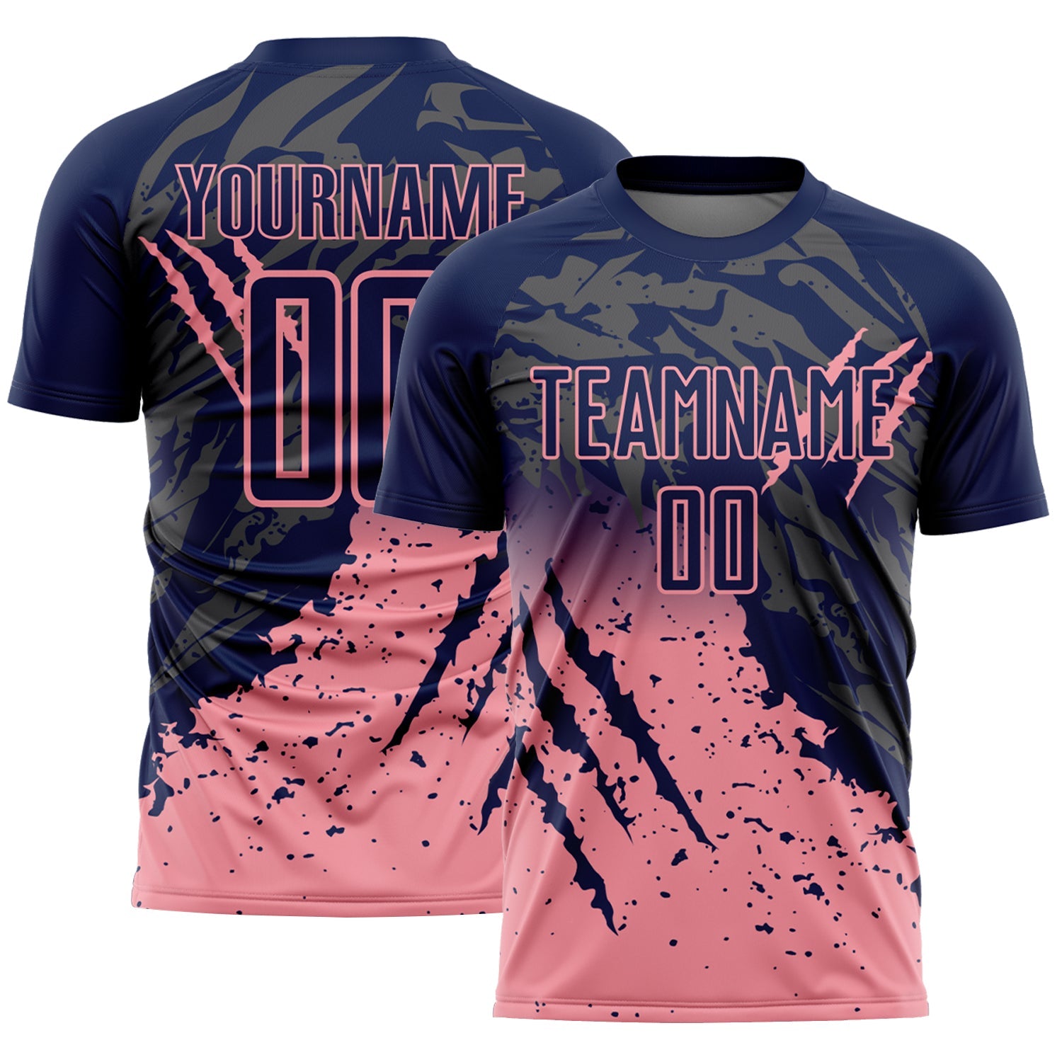 Custom Navy Medium Pink Gradient Claw Mark Splatter Sports Sublimation Soccer Uniform Jersey - Main View