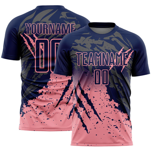 Custom Navy Medium Pink Gradient Claw Mark Splatter Sports Sublimation Soccer Uniform Jersey - Main View