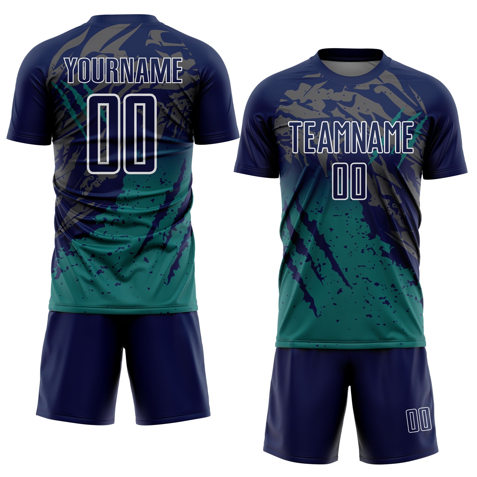 Custom Navy White-Teal Gradient Claw Mark Splatter Sports Sublimation Soccer Uniform Jersey view 2