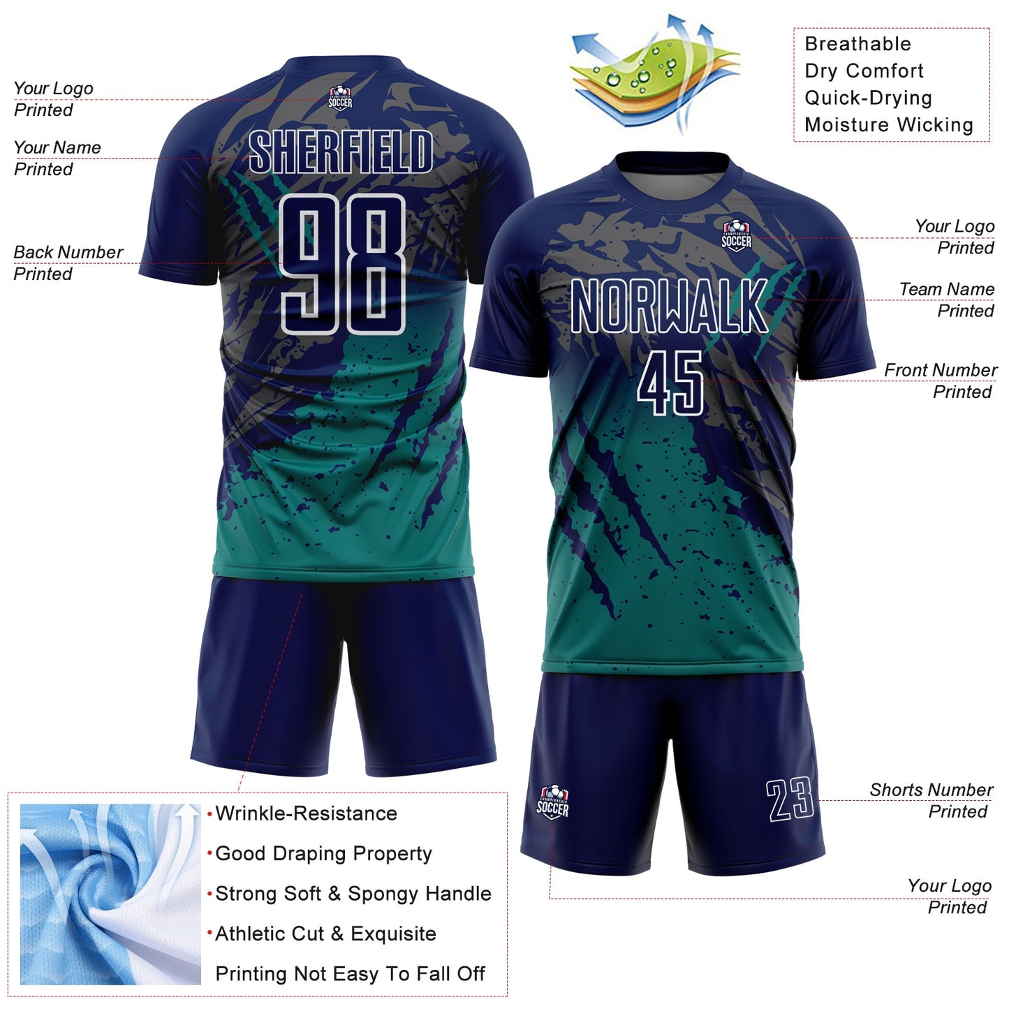 Custom Navy White-Teal Gradient Claw Mark Splatter Sports Sublimation Soccer Uniform Jersey view 4