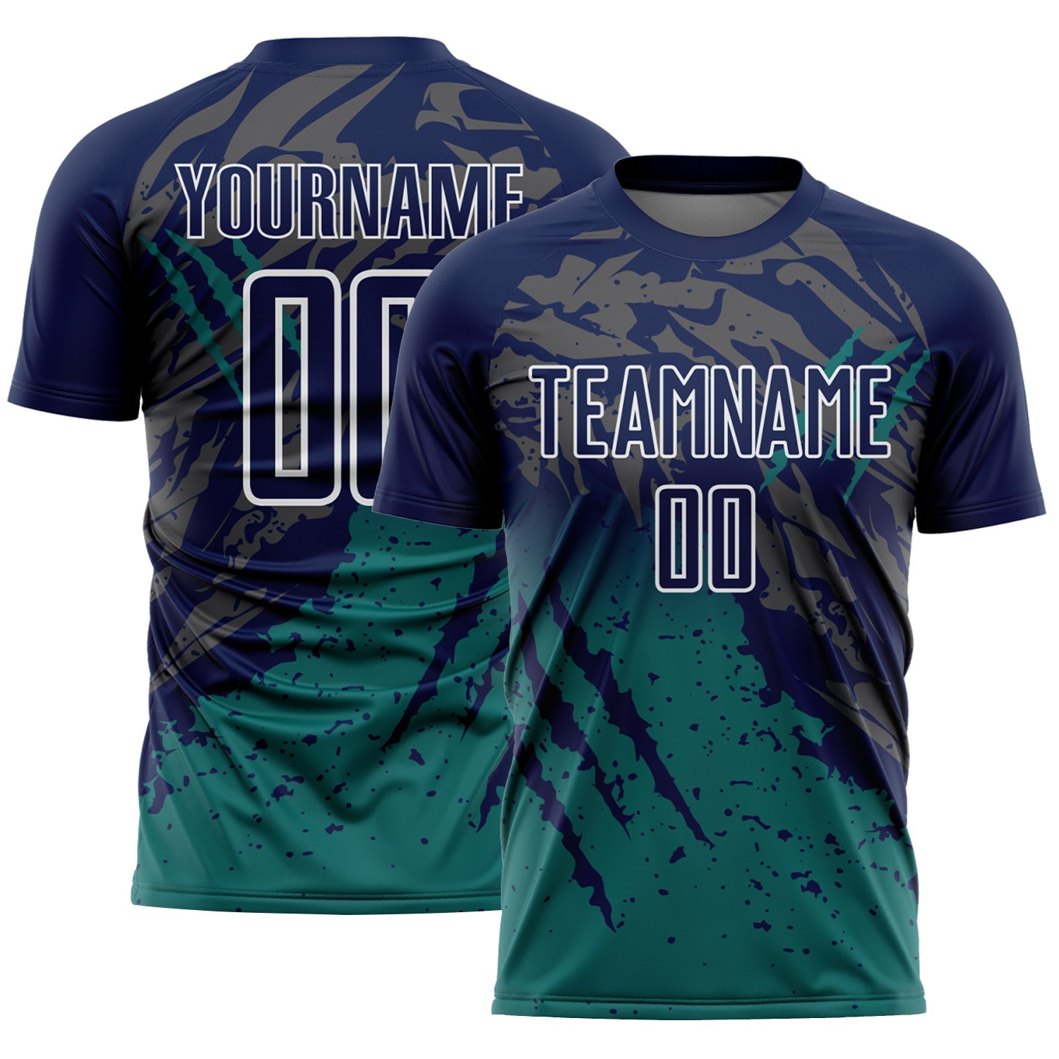 Custom Navy White-Teal Gradient Claw Mark Splatter Sports Sublimation Soccer Uniform Jersey - Main View