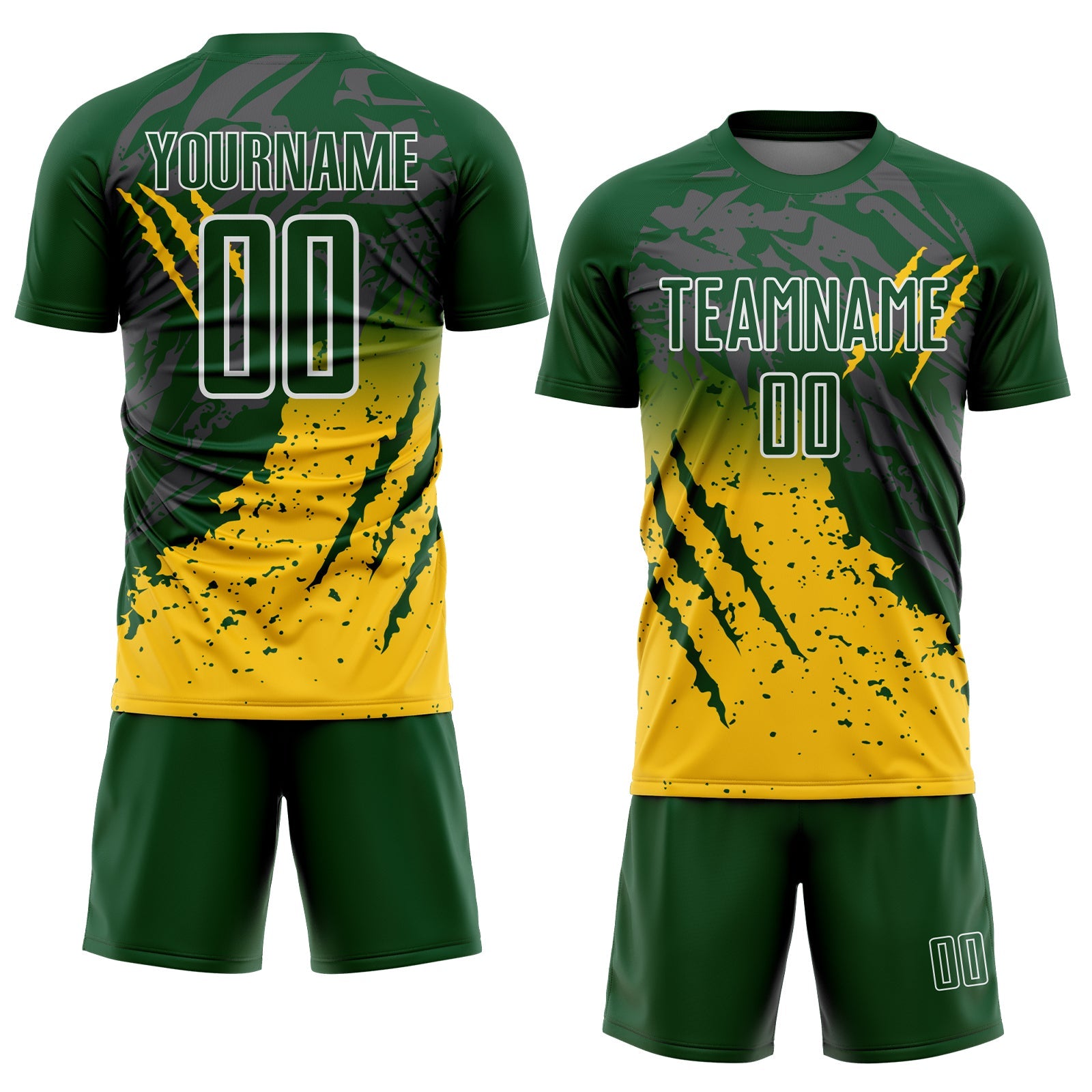 Custom Green White-Yellow Gradient Claw Mark Splatter Sports Sublimation Soccer Uniform Jersey view 2