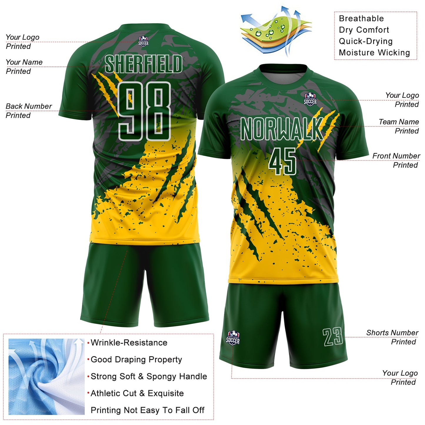 Custom Green White-Yellow Gradient Claw Mark Splatter Sports Sublimation Soccer Uniform Jersey view 4