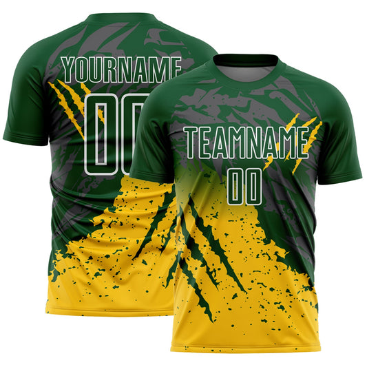 Custom Green White-Yellow Gradient Claw Mark Splatter Sports Sublimation Soccer Uniform Jersey - Main View