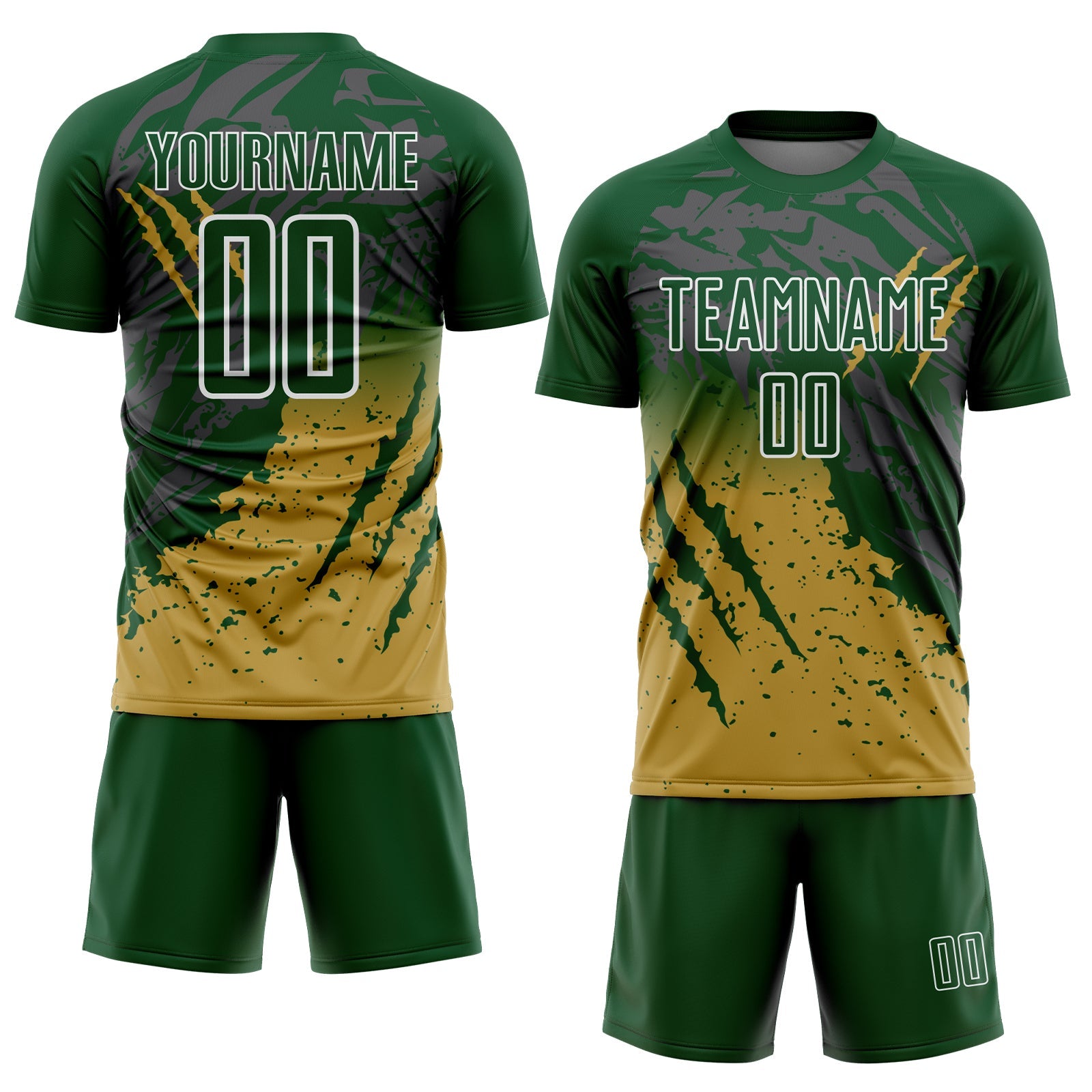 Custom Green White-Old Gold Gradient Claw Mark Splatter Sports Sublimation Soccer Uniform Jersey view 2