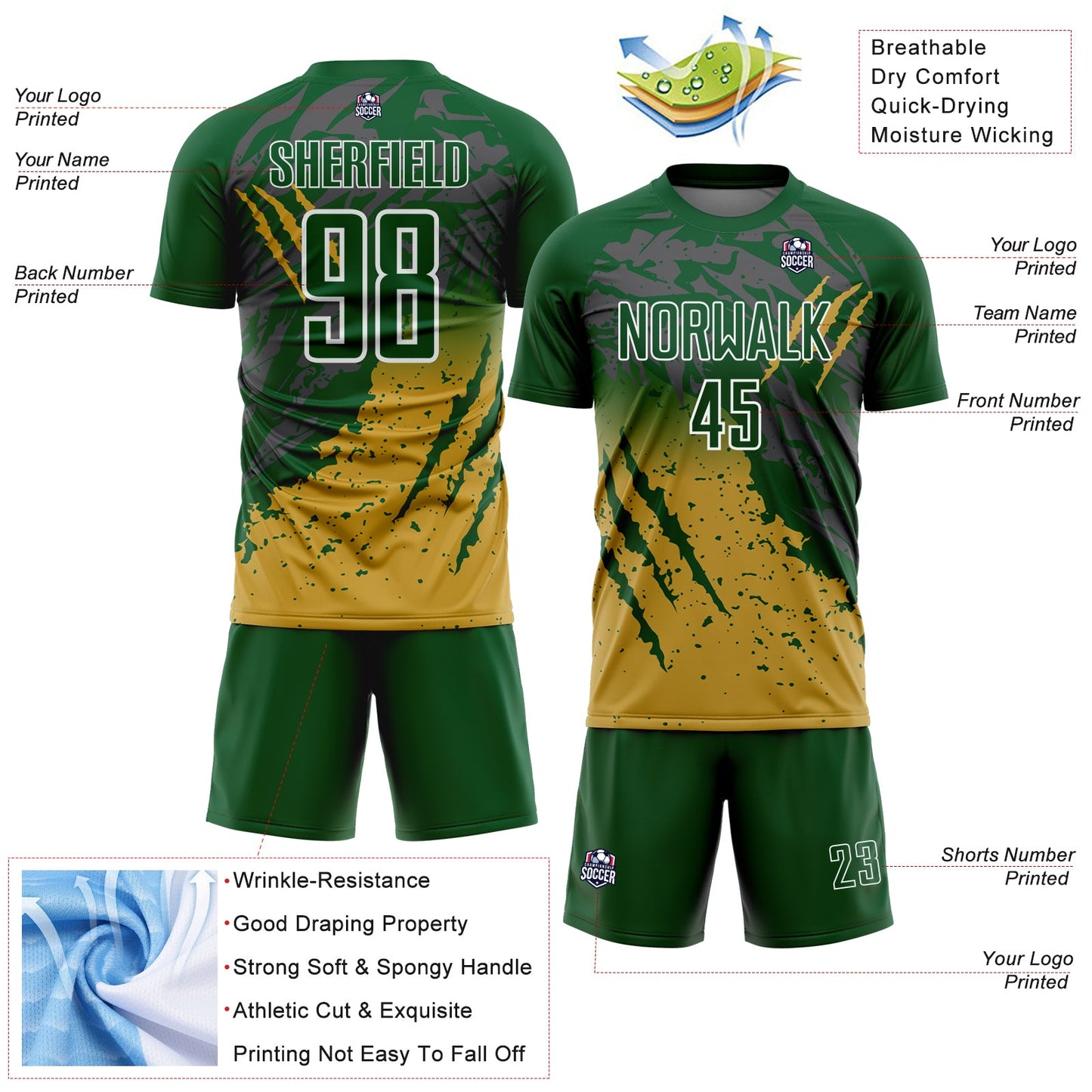 Custom Green White-Old Gold Gradient Claw Mark Splatter Sports Sublimation Soccer Uniform Jersey view 4