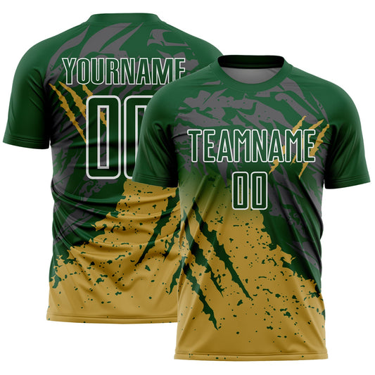 Custom Green White-Old Gold Gradient Claw Mark Splatter Sports Sublimation Soccer Uniform Jersey - Main View