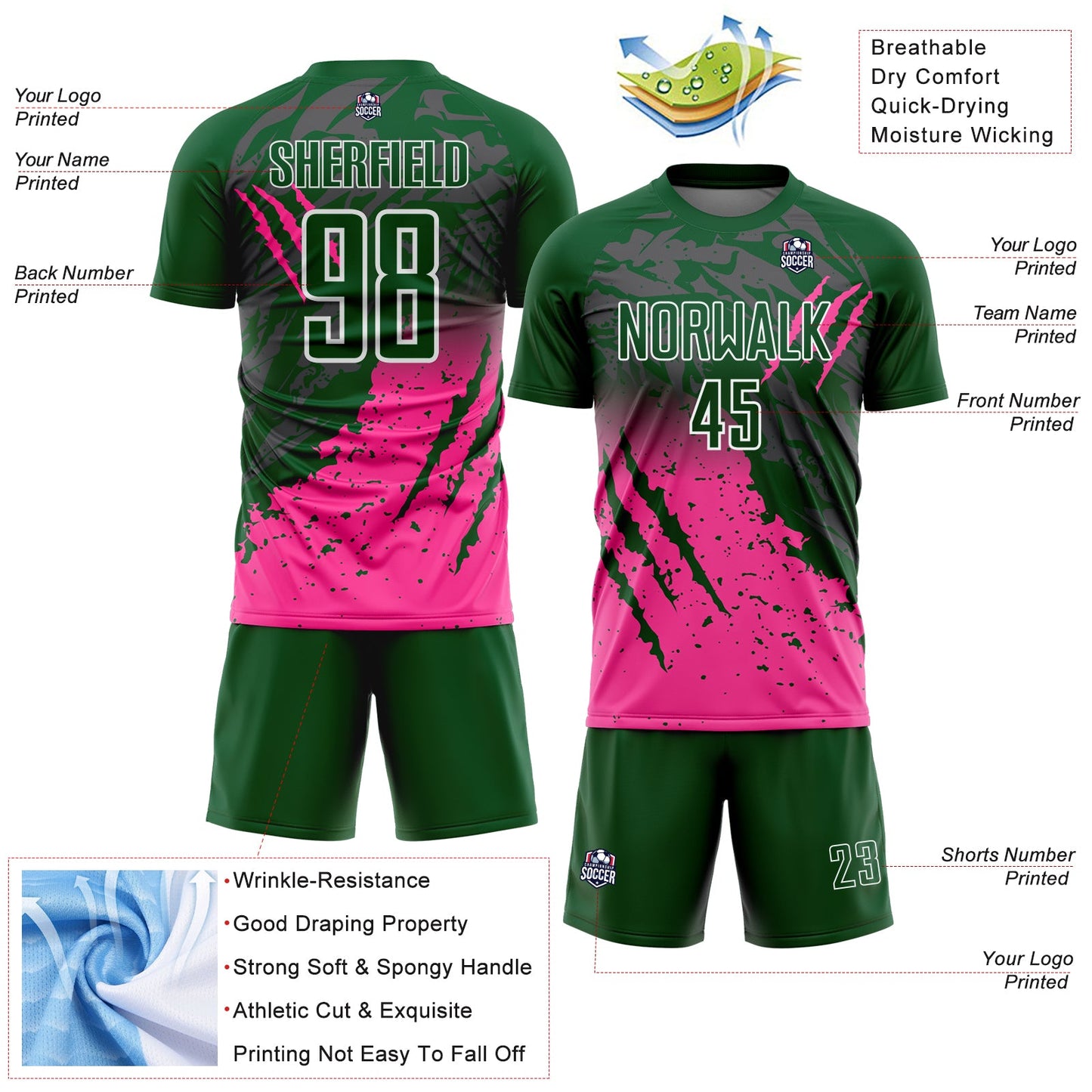 Custom Green White-Pink Gradient Claw Mark Splatter Sports Sublimation Soccer Uniform Jersey view 4