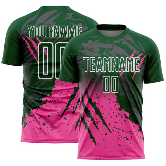 Custom Green White-Pink Gradient Claw Mark Splatter Sports Sublimation Soccer Uniform Jersey - Main View