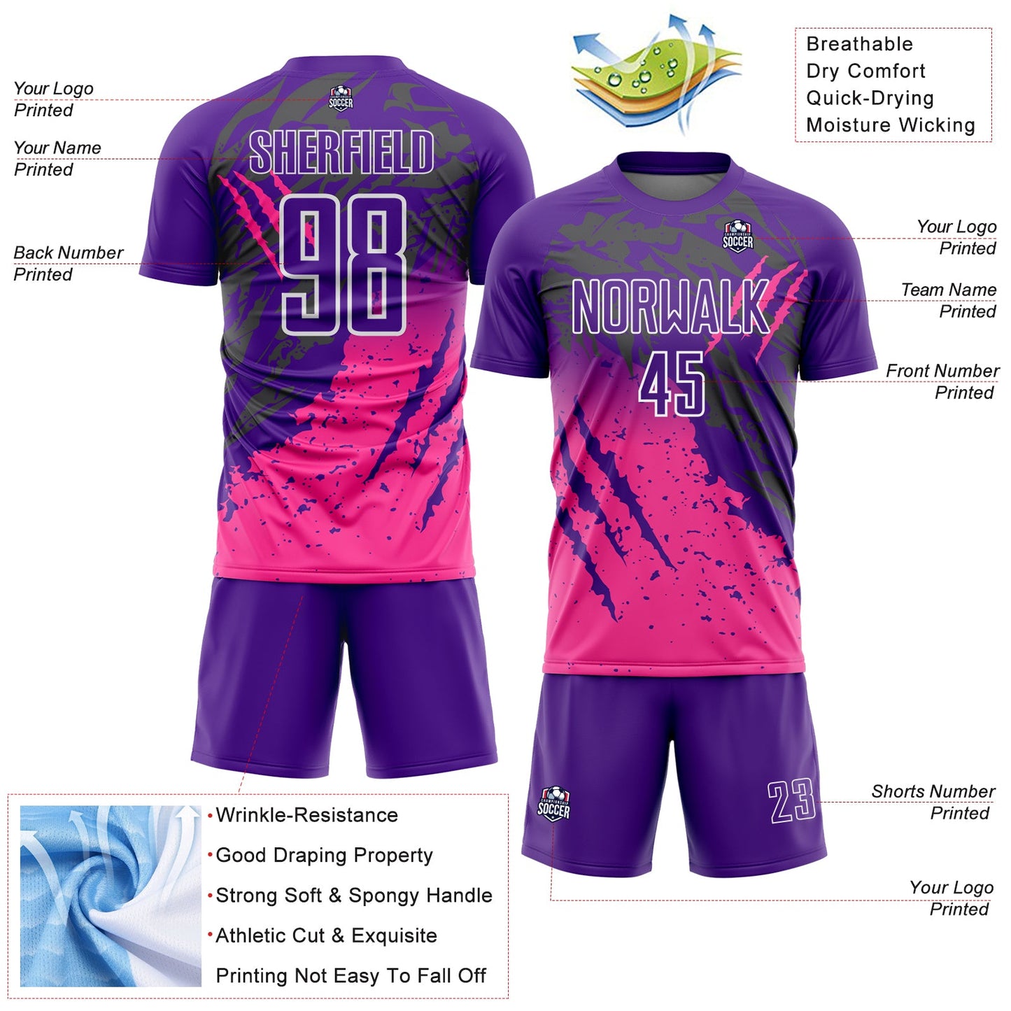 Custom Purple White-Pink Gradient Claw Mark Splatter Sports Sublimation Soccer Uniform Jersey view 4