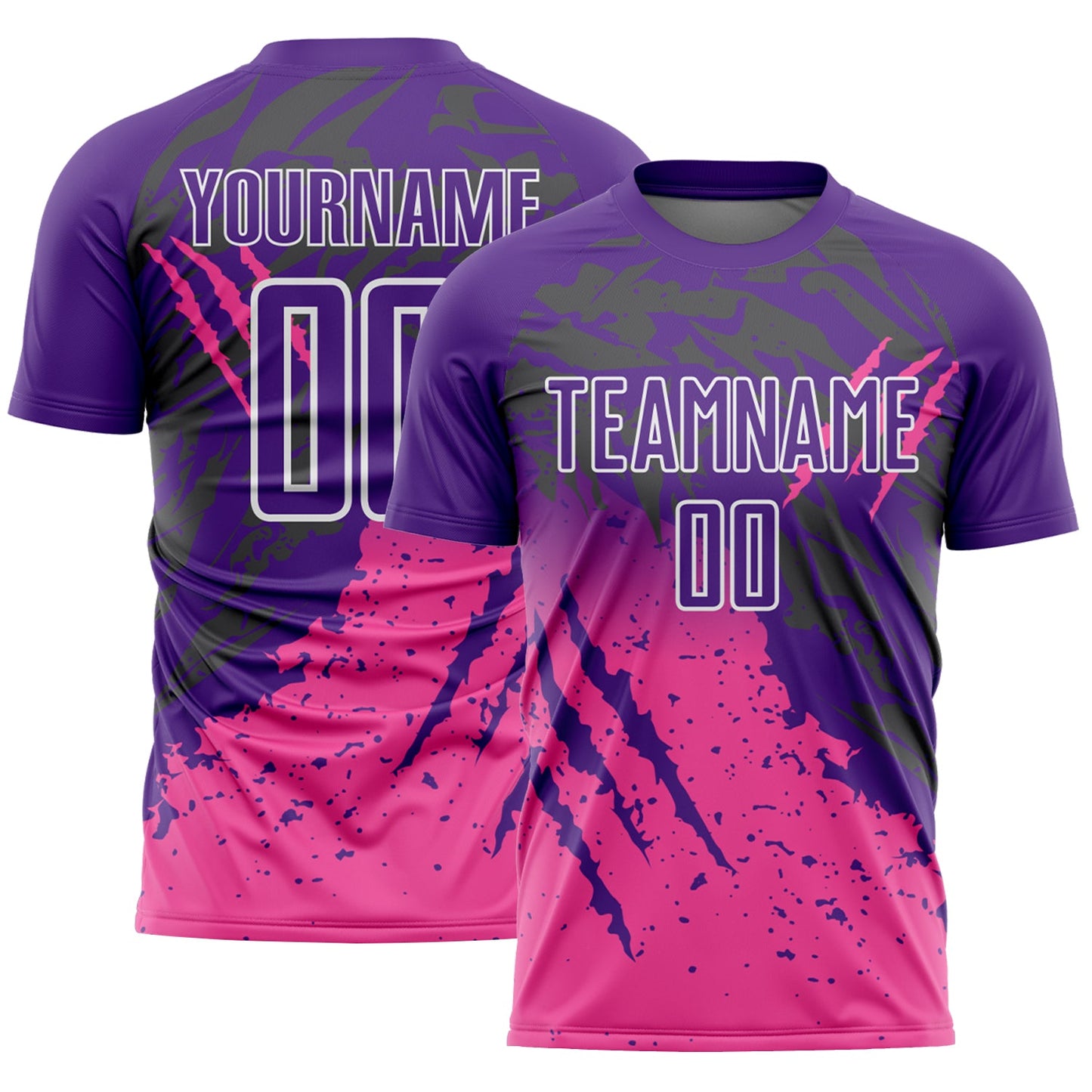 Custom Purple White-Pink Gradient Claw Mark Splatter Sports Sublimation Soccer Uniform Jersey - Main View