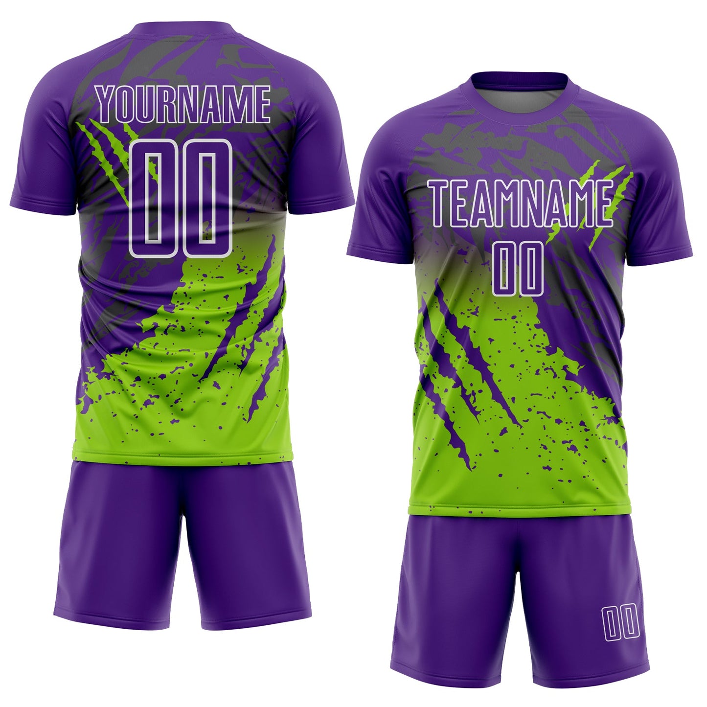 Custom Purple White-Neon Green Gradient Claw Mark Splatter Sports Sublimation Soccer Uniform Jersey view 2
