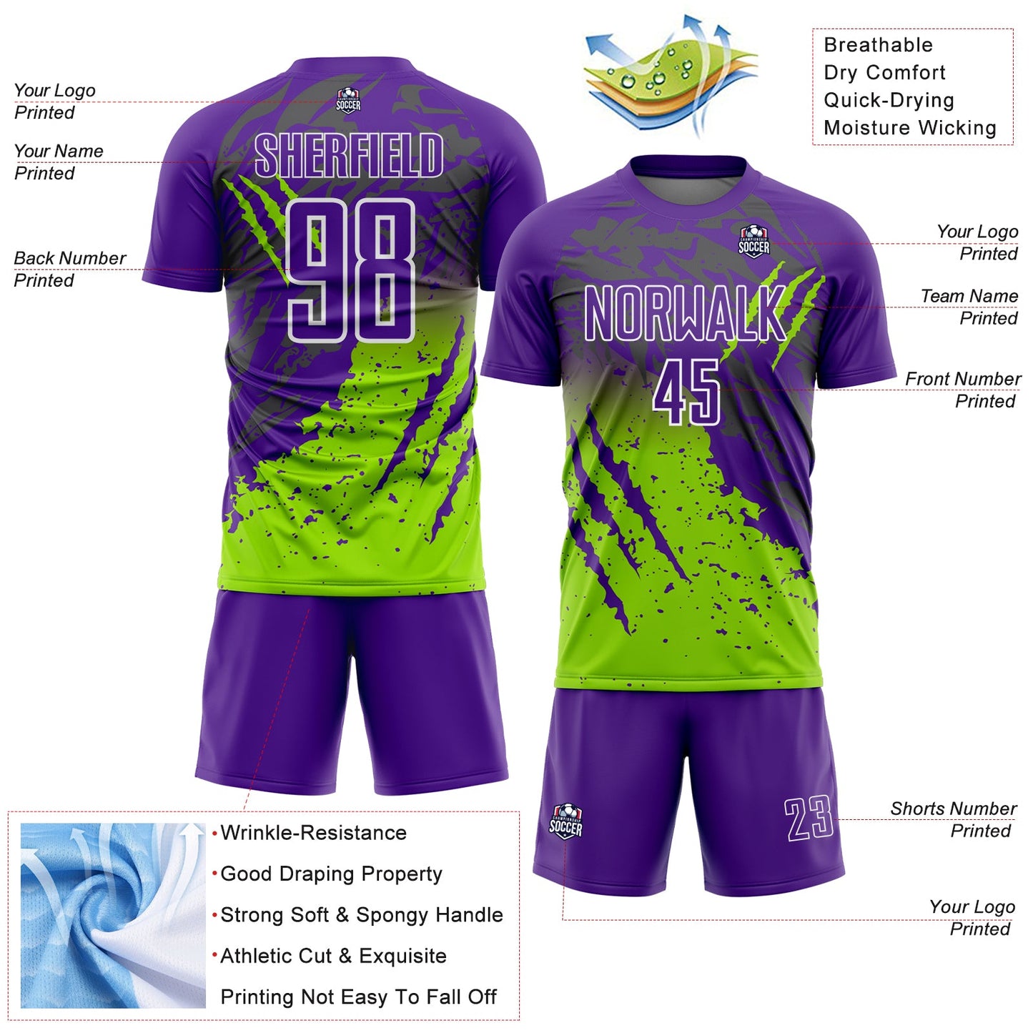 Custom Purple White-Neon Green Gradient Claw Mark Splatter Sports Sublimation Soccer Uniform Jersey view 4