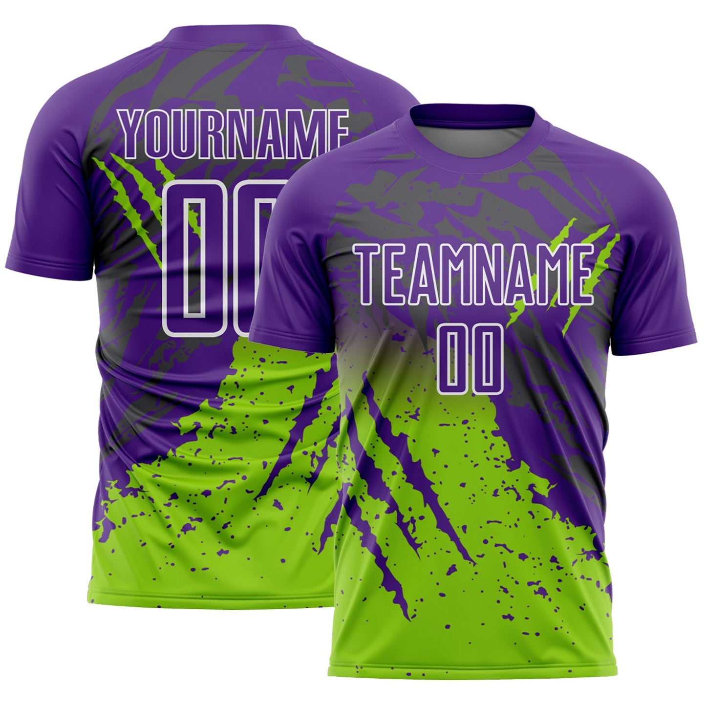 Custom Purple White-Neon Green Gradient Claw Mark Splatter Sports Sublimation Soccer Uniform Jersey - Main View