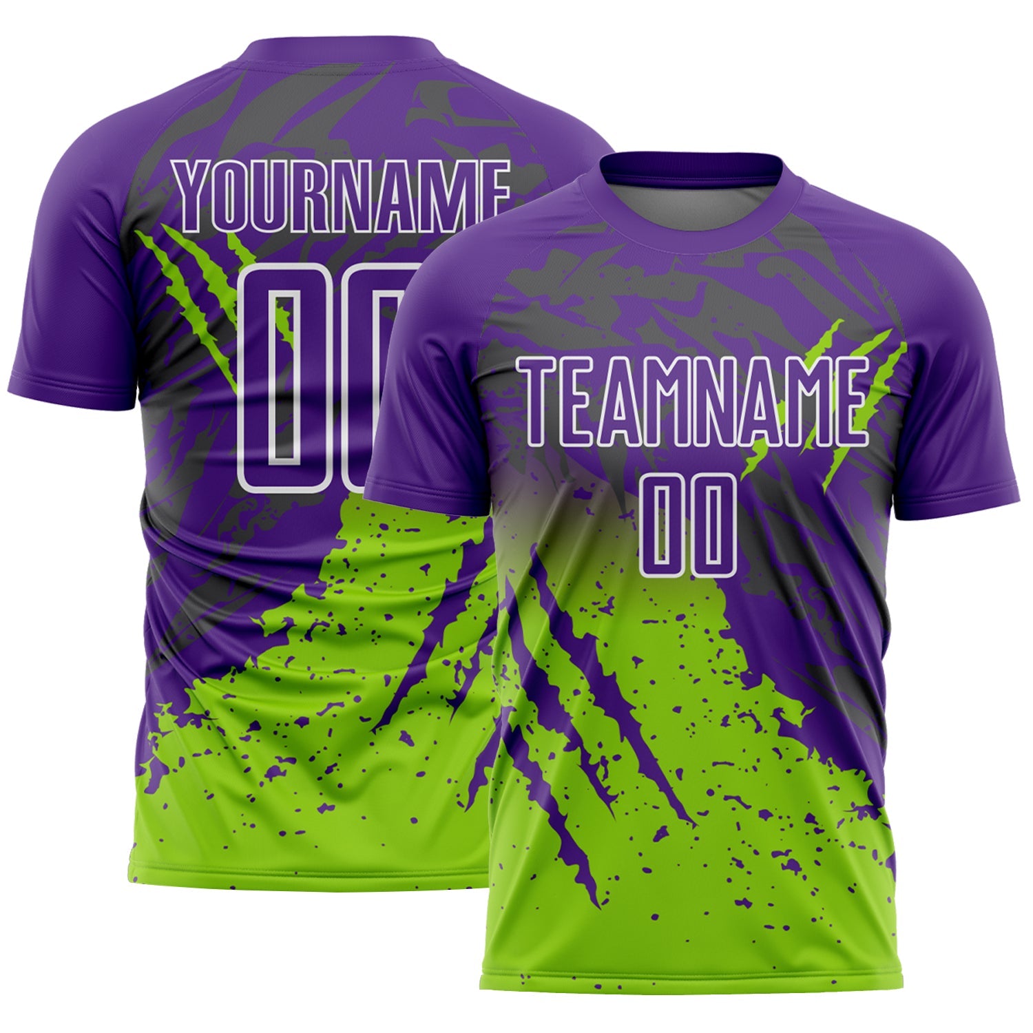 Custom Purple White-Neon Green Gradient Claw Mark Splatter Sports Sublimation Soccer Uniform Jersey - Main View