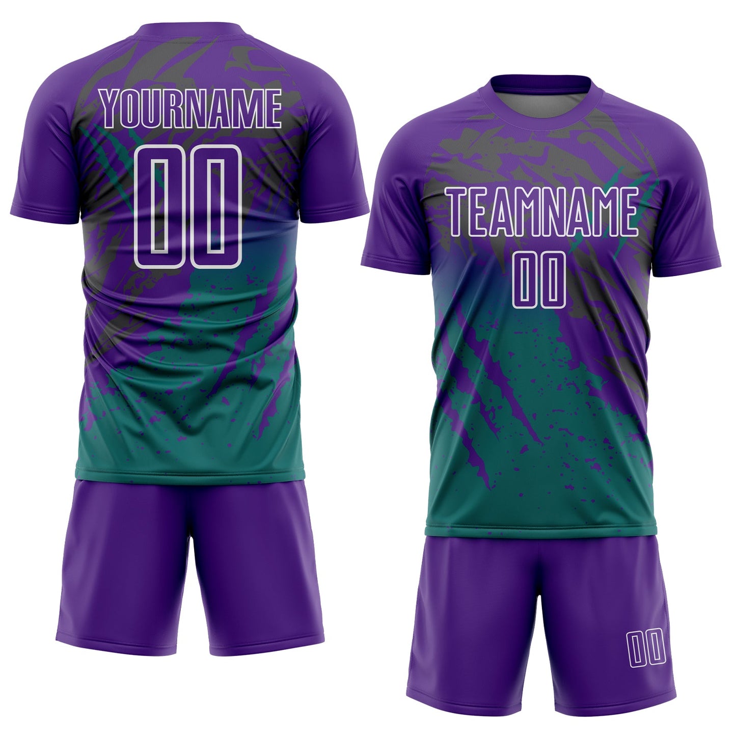 Custom Purple White-Teal Gradient Claw Mark Splatter Sports Sublimation Soccer Uniform Jersey view 2