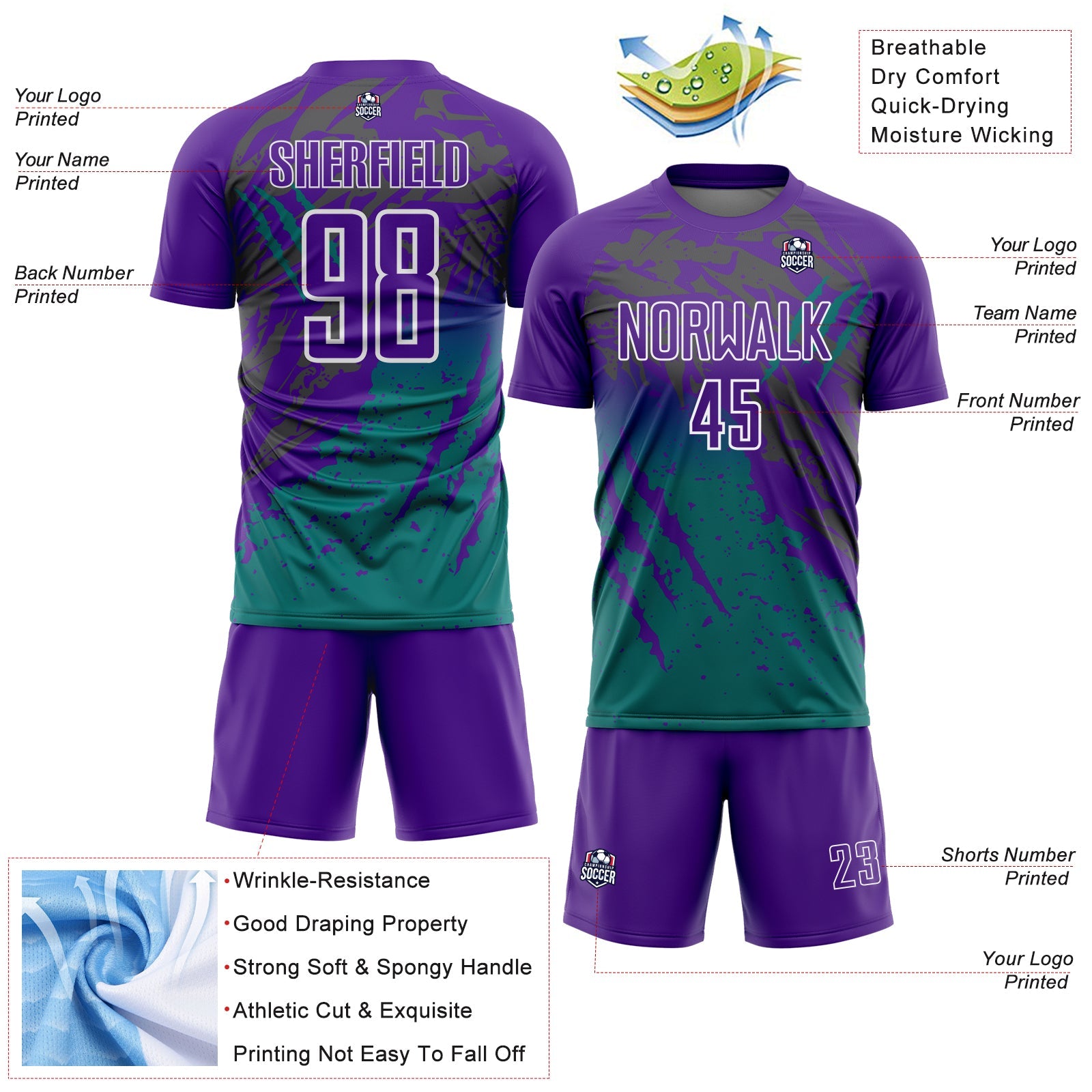 Custom Purple White-Teal Gradient Claw Mark Splatter Sports Sublimation Soccer Uniform Jersey view 4
