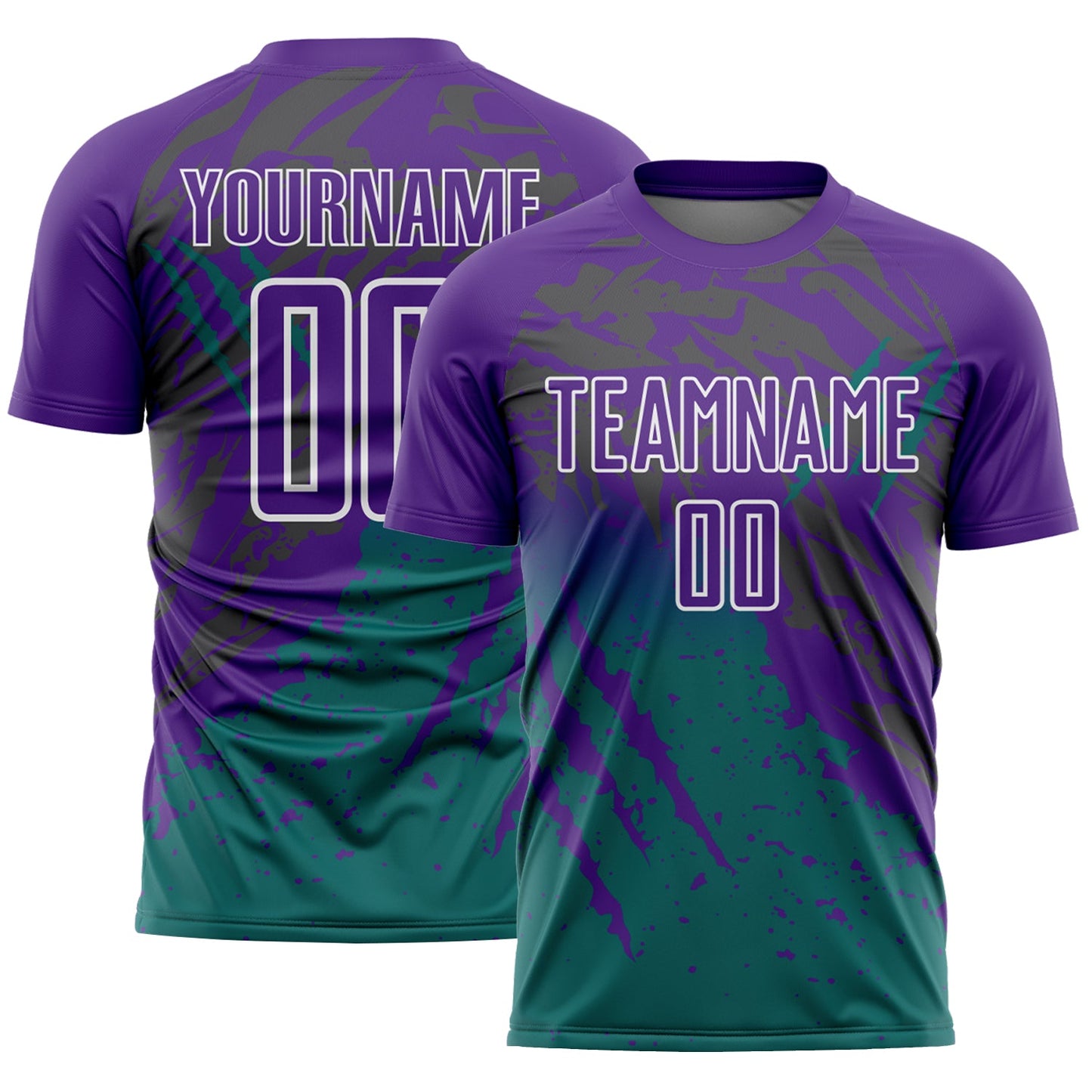 Custom Purple White-Teal Gradient Claw Mark Splatter Sports Sublimation Soccer Uniform Jersey - Main View