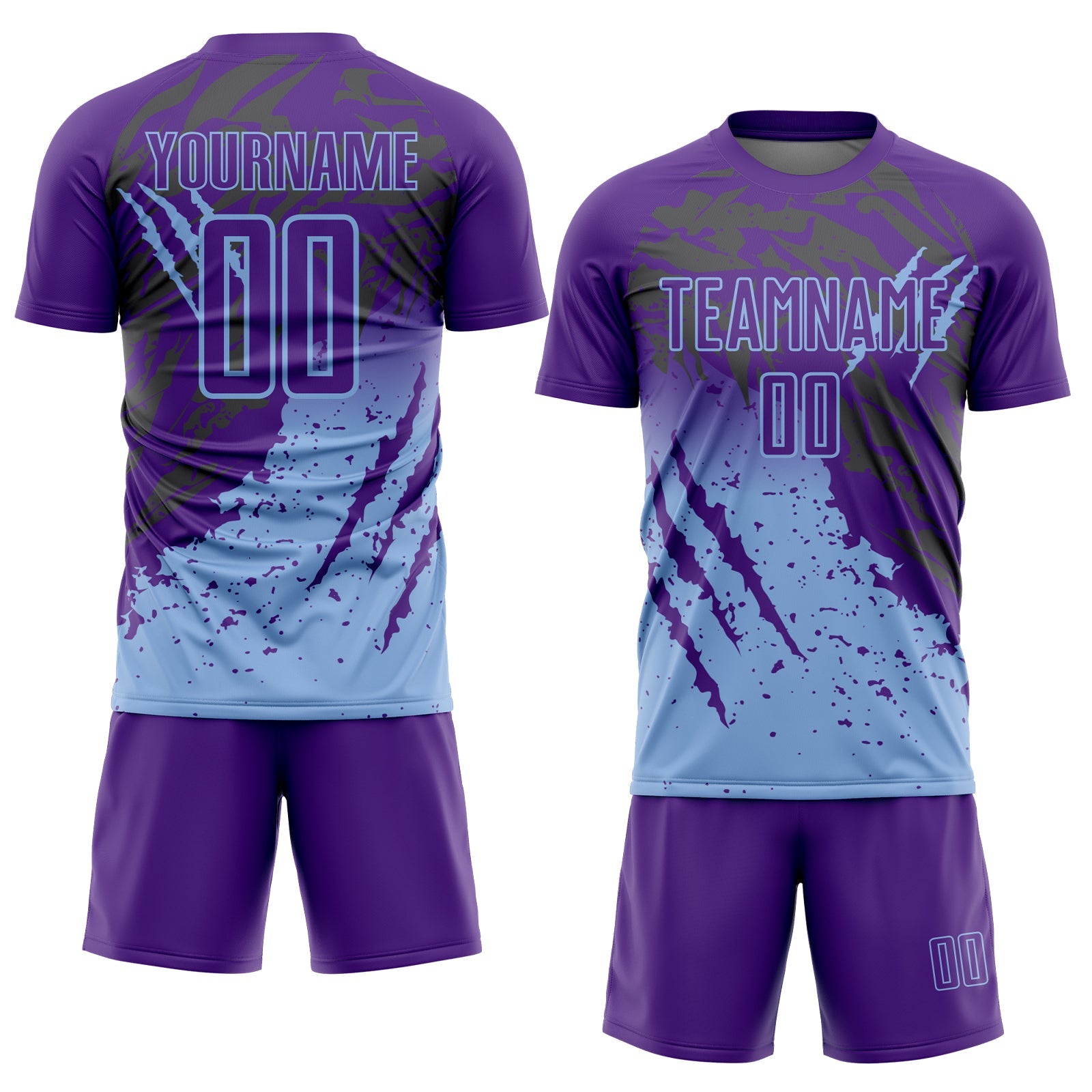 Custom Purple Light Blue Gradient Claw Mark Splatter Sports Sublimation Soccer Uniform Jersey view 2