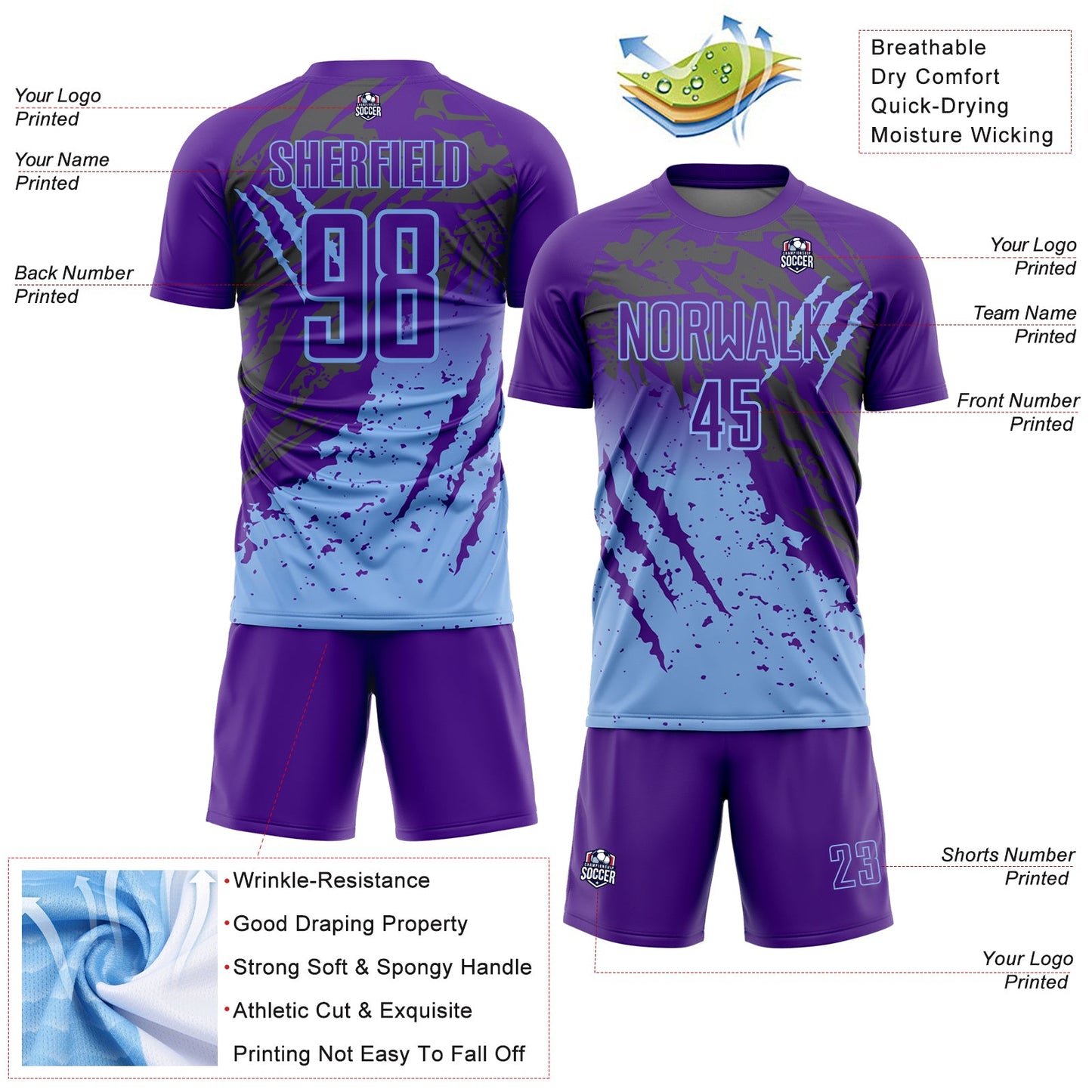 Custom Purple Light Blue Gradient Claw Mark Splatter Sports Sublimation Soccer Uniform Jersey view 4
