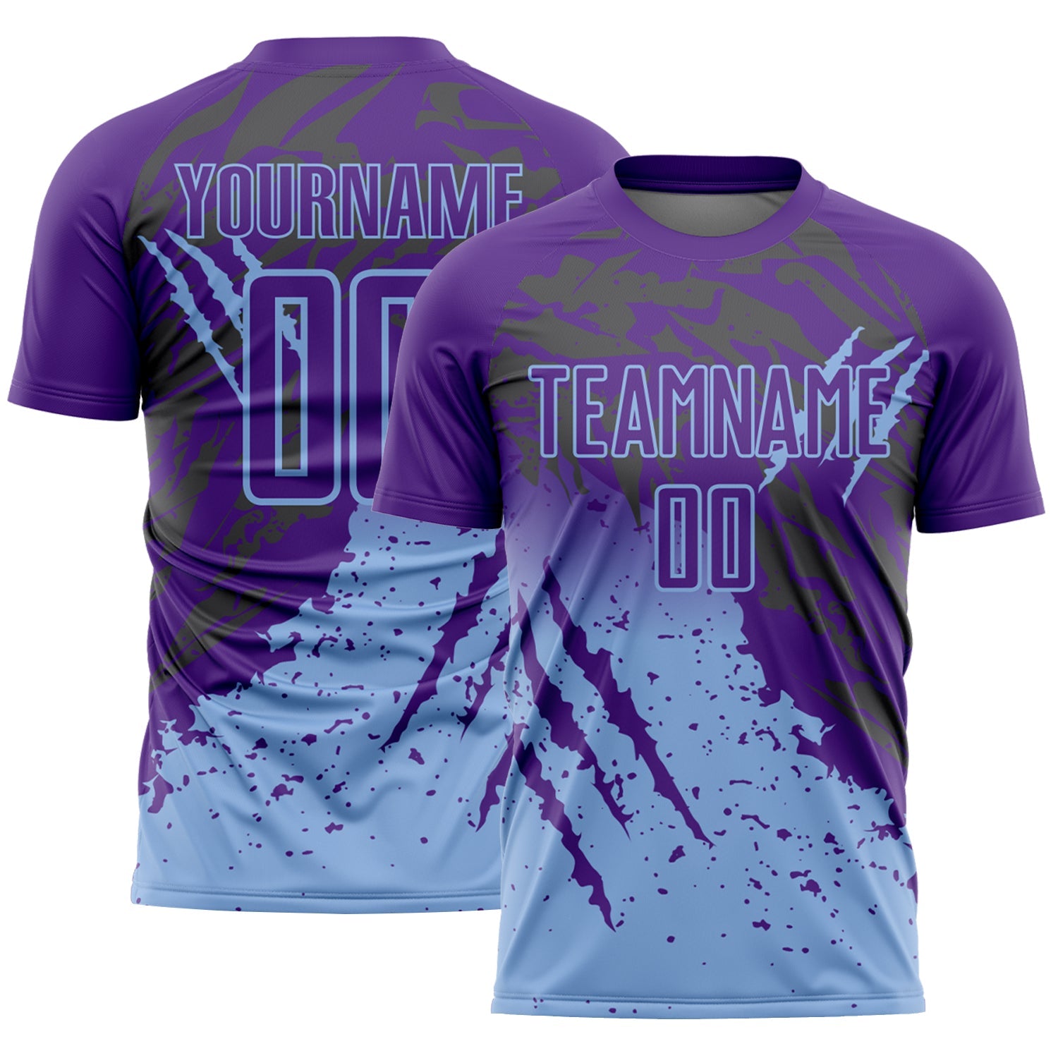 Custom Purple Light Blue Gradient Claw Mark Splatter Sports Sublimation Soccer Uniform Jersey - Main View
