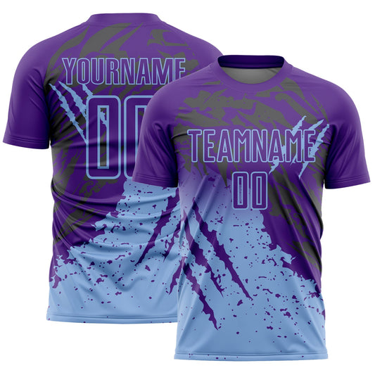 Custom Purple Light Blue Gradient Claw Mark Splatter Sports Sublimation Soccer Uniform Jersey - Main View