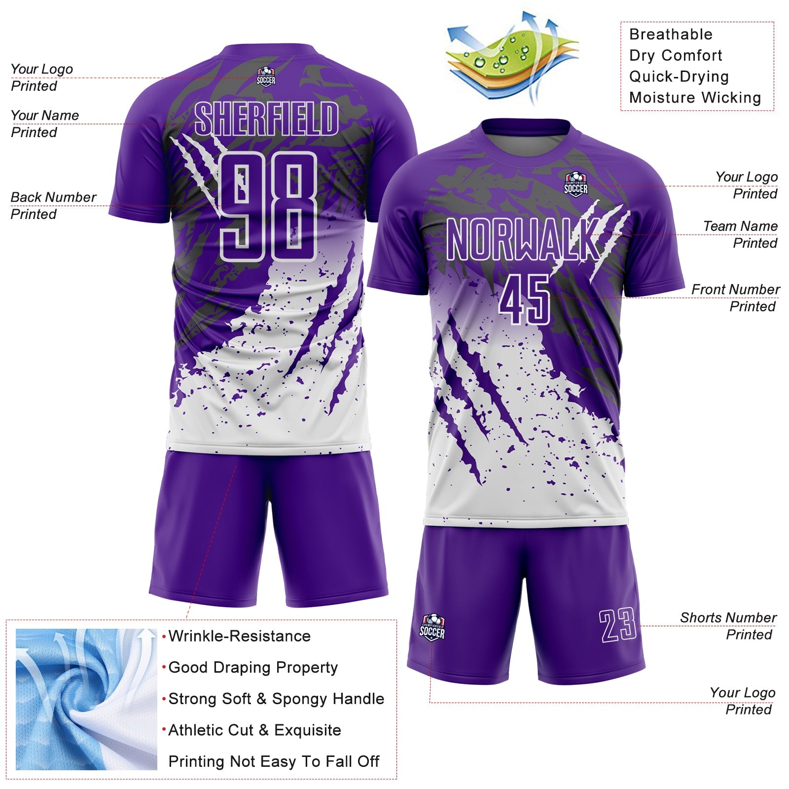 Custom Purple White Gradient Claw Mark Splatter Sports Sublimation Soccer Uniform Jersey view 4