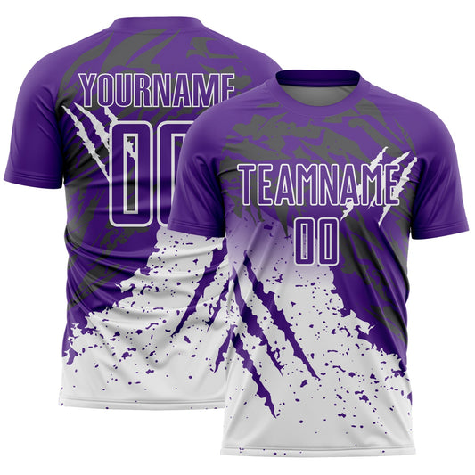 Custom Purple White Gradient Claw Mark Splatter Sports Sublimation Soccer Uniform Jersey - Main View
