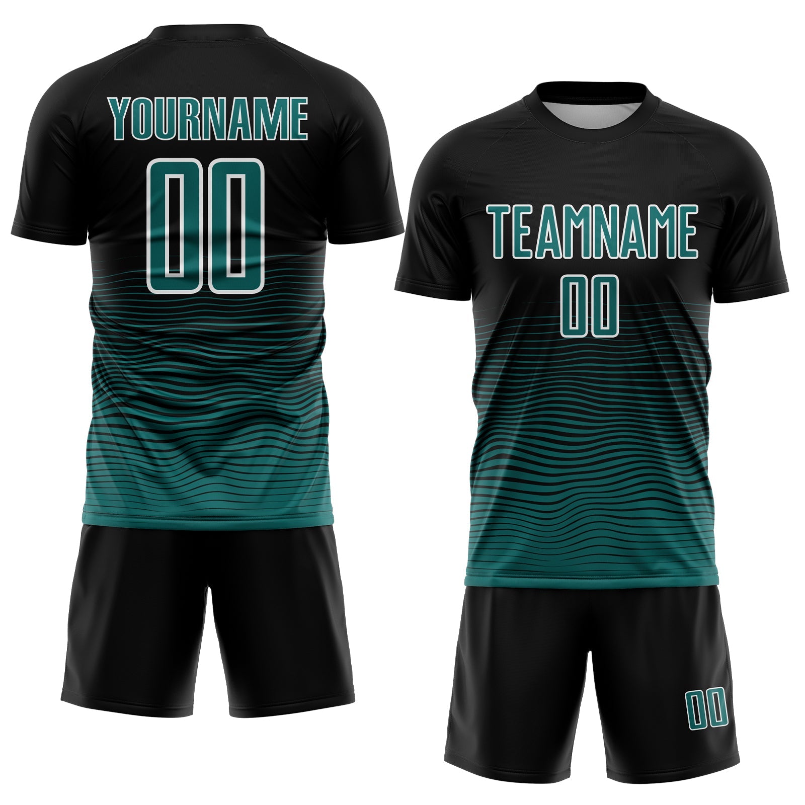 Custom Black Teal-White Gradient Wave Line Sports Sublimation Soccer Uniform Jersey view 2