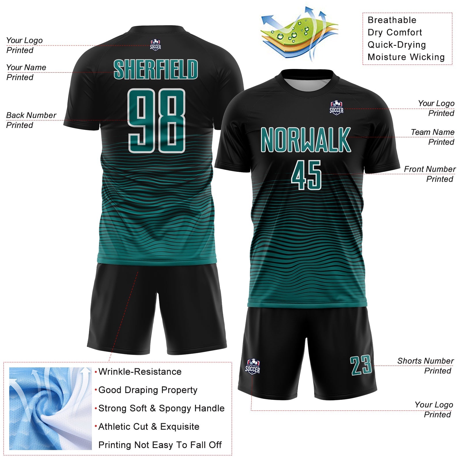 Custom Black Teal-White Gradient Wave Line Sports Sublimation Soccer Uniform Jersey view 4