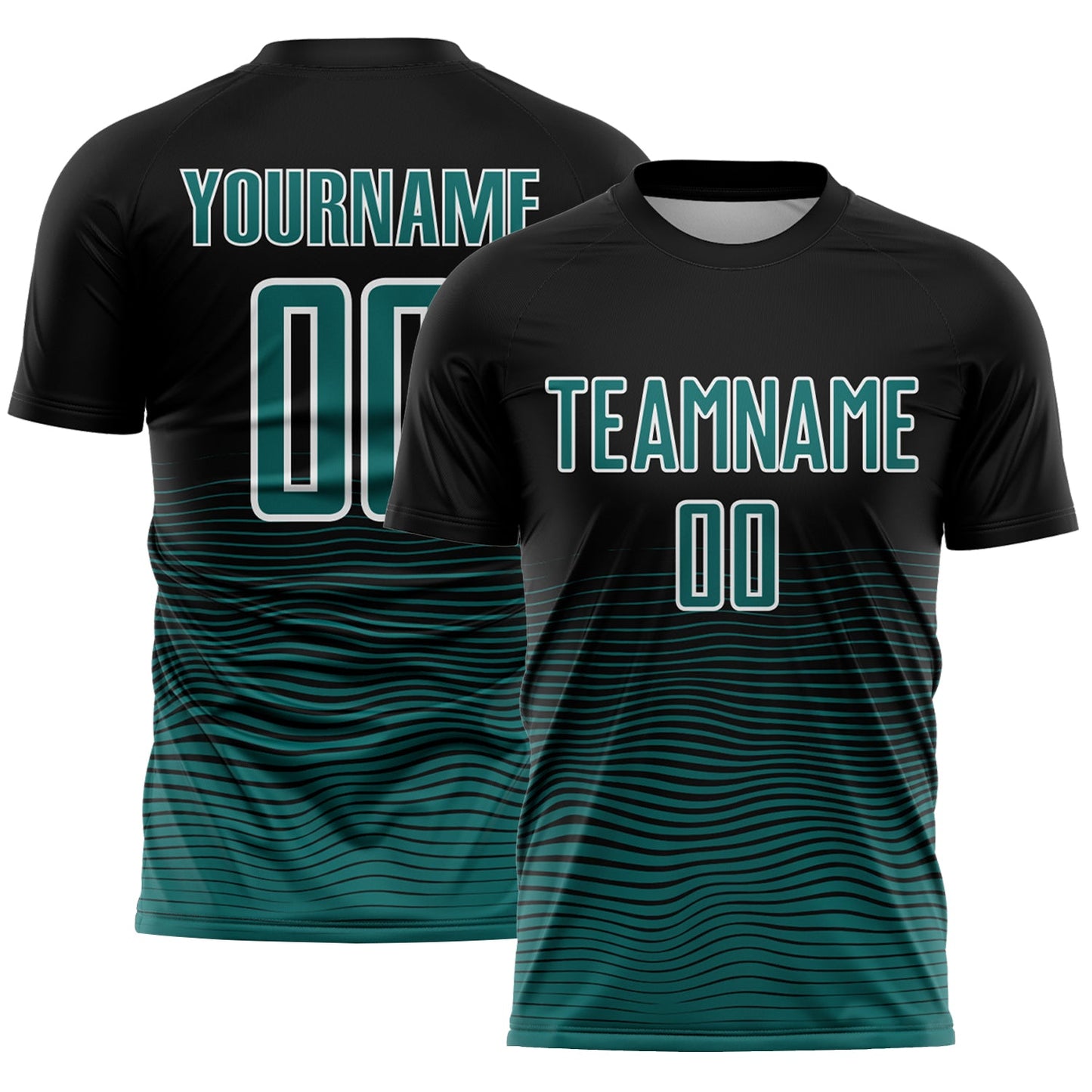 Custom Black Teal-White Gradient Wave Line Sports Sublimation Soccer Uniform Jersey - Main View