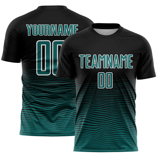 Custom Black Teal-White Gradient Wave Line Sports Sublimation Soccer Uniform Jersey - Main View