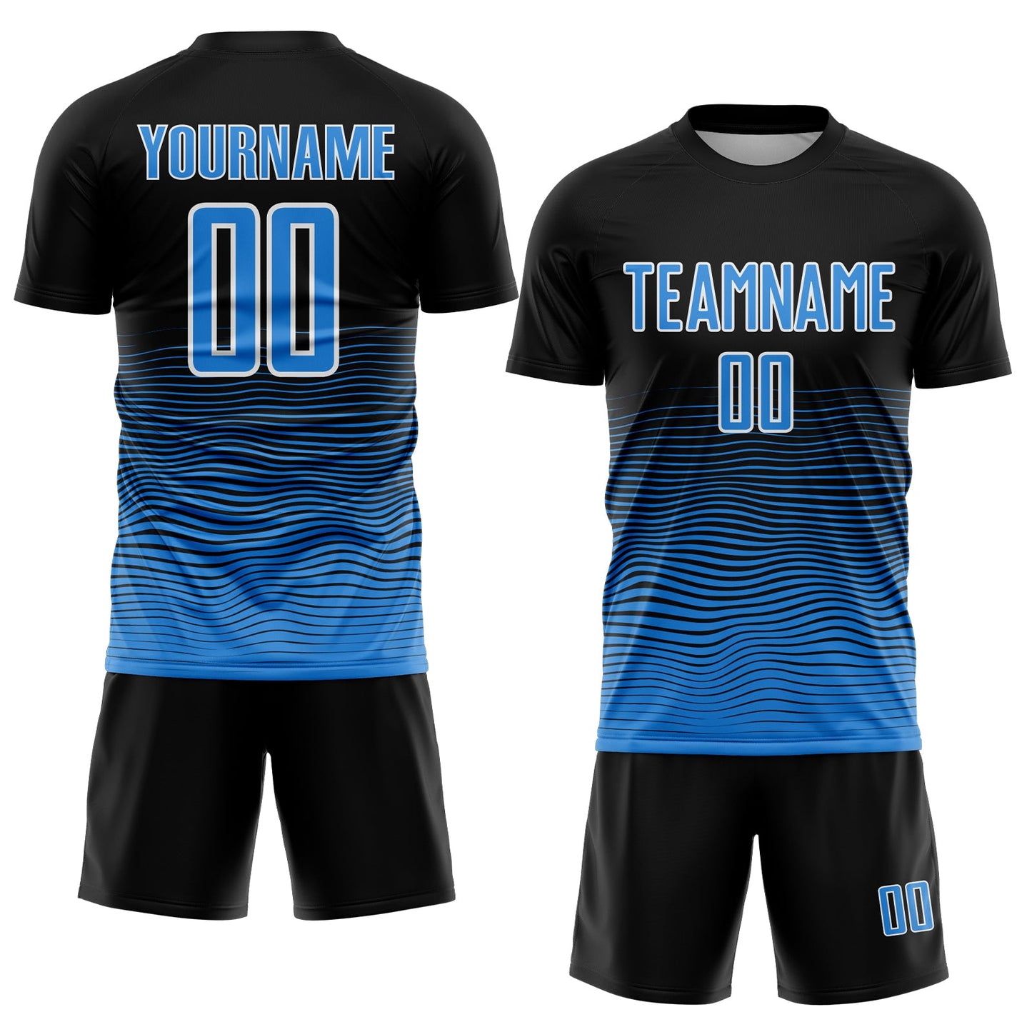 Custom Black Powder Blue-White Gradient Wave Line Sports Sublimation Soccer Uniform Jersey view 2