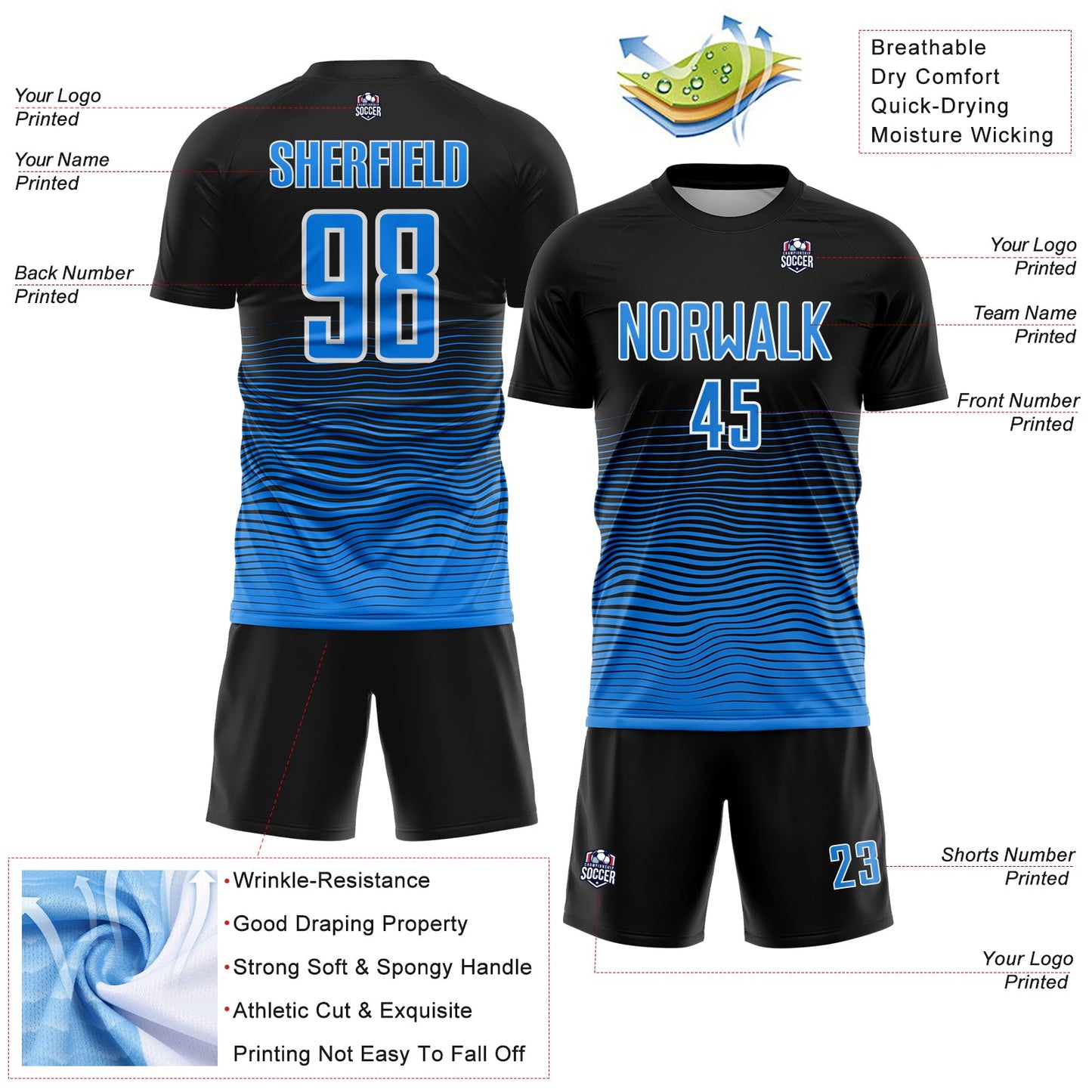 Custom Black Powder Blue-White Gradient Wave Line Sports Sublimation Soccer Uniform Jersey view 4