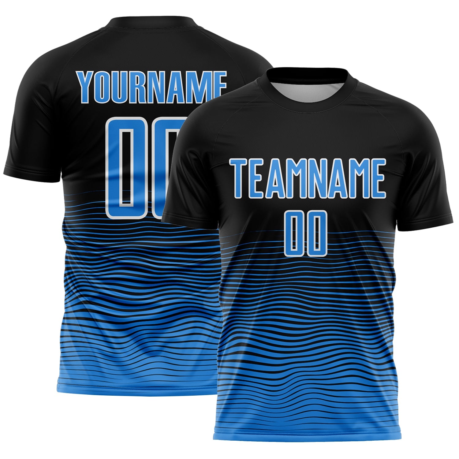 Custom Black Powder Blue-White Gradient Wave Line Sports Sublimation Soccer Uniform Jersey - Main View