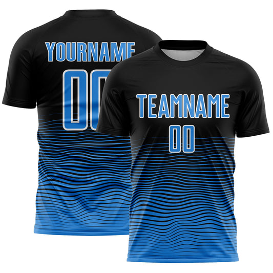 Custom Black Powder Blue-White Gradient Wave Line Sports Sublimation Soccer Uniform Jersey - Main View