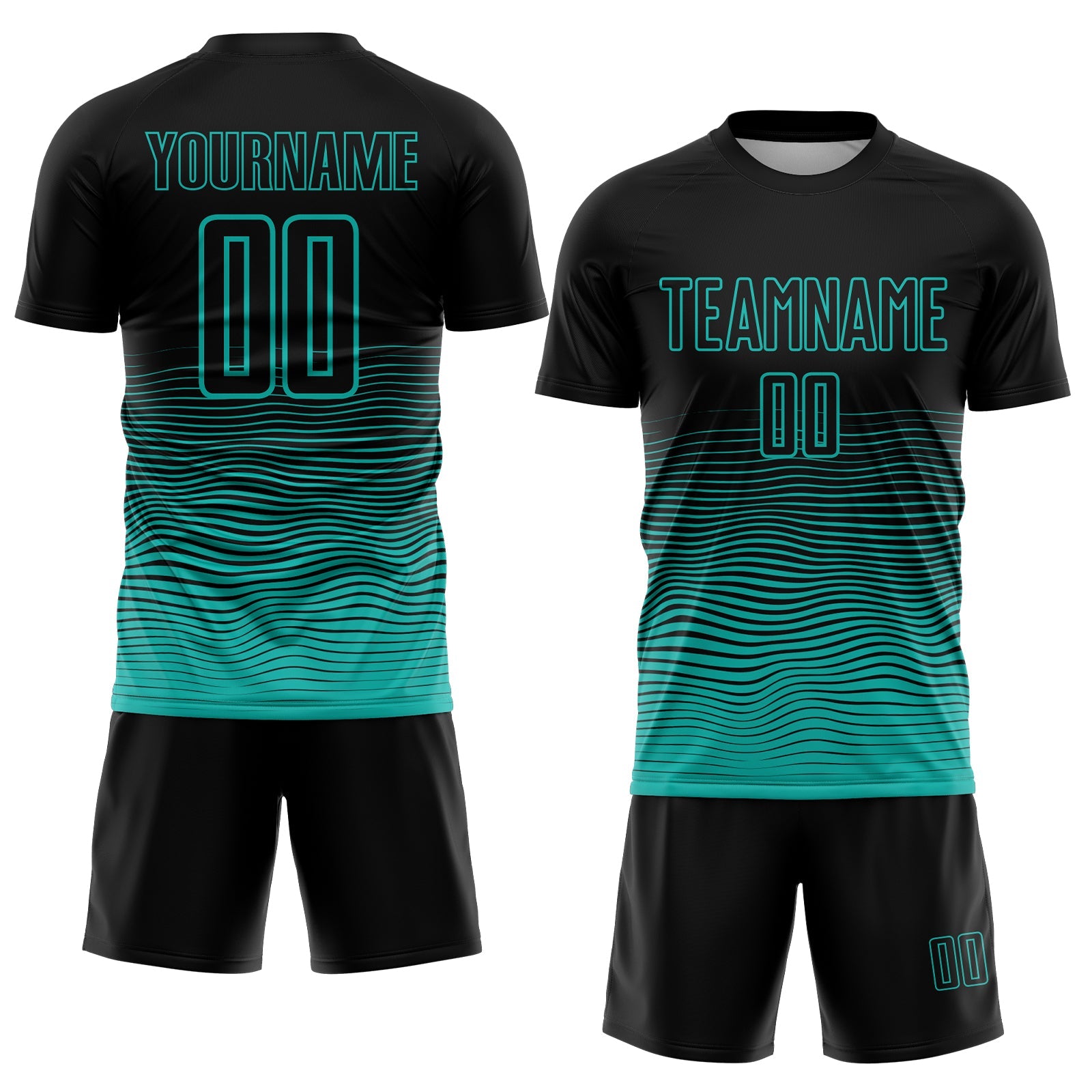 Custom Black Aqua Gradient Wave Line Sports Sublimation Soccer Uniform Jersey view 2