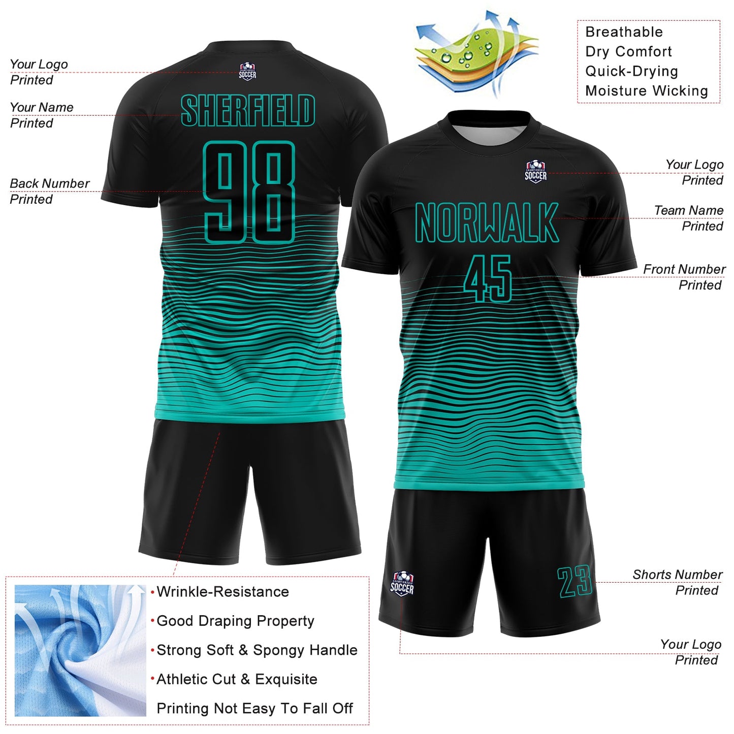 Custom Black Aqua Gradient Wave Line Sports Sublimation Soccer Uniform Jersey view 4