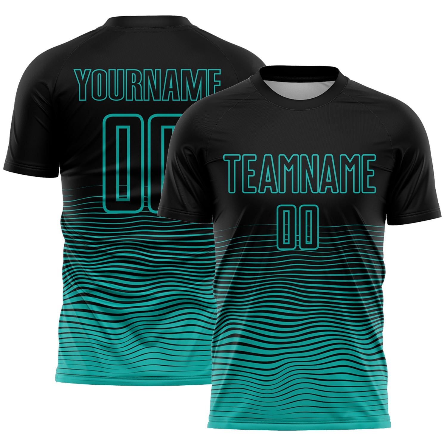 Custom Black Aqua Gradient Wave Line Sports Sublimation Soccer Uniform Jersey - Main View