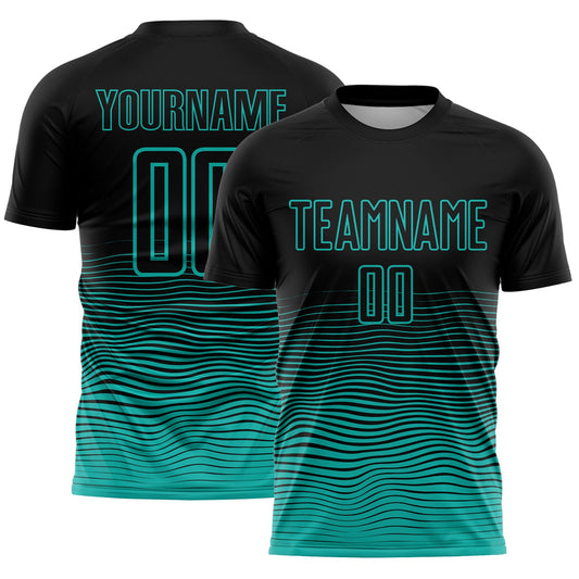 Custom Black Aqua Gradient Wave Line Sports Sublimation Soccer Uniform Jersey - Main View