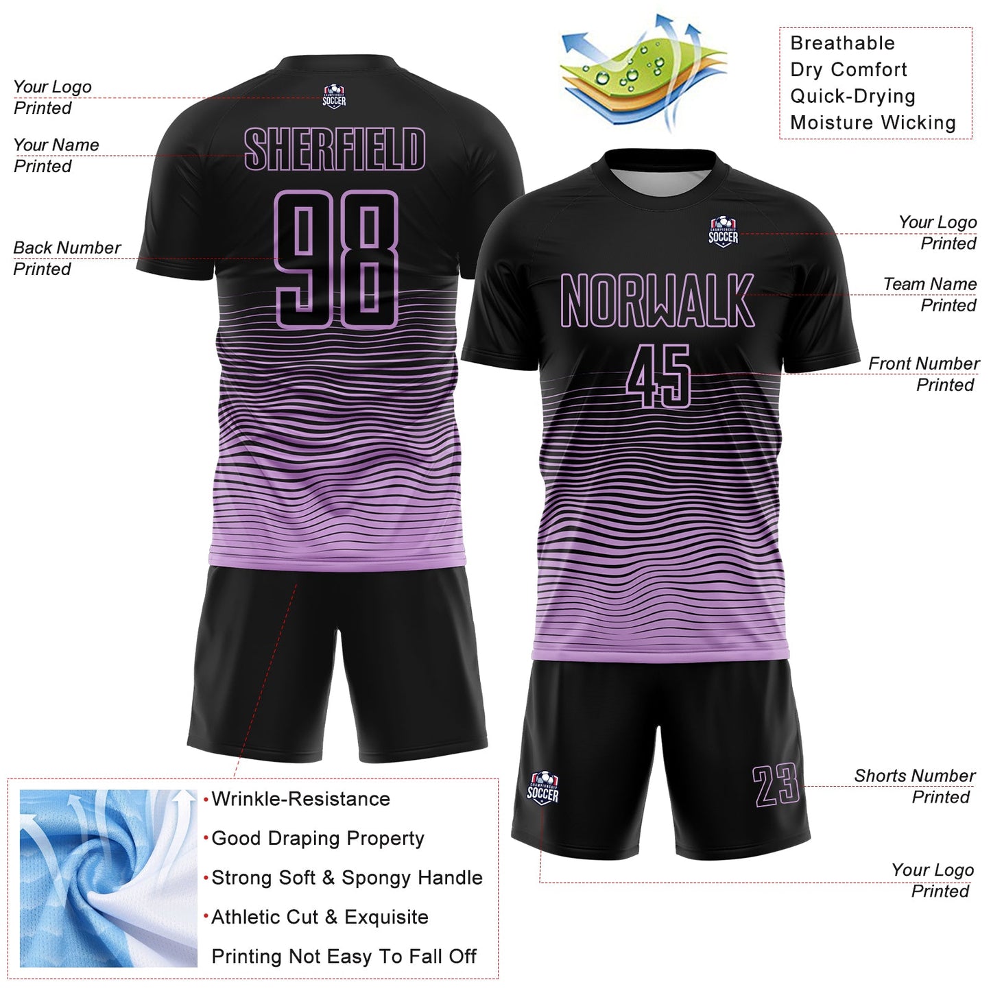 Custom Black Light Purple Gradient Wave Line Sports Sublimation Soccer Uniform Jersey view 4
