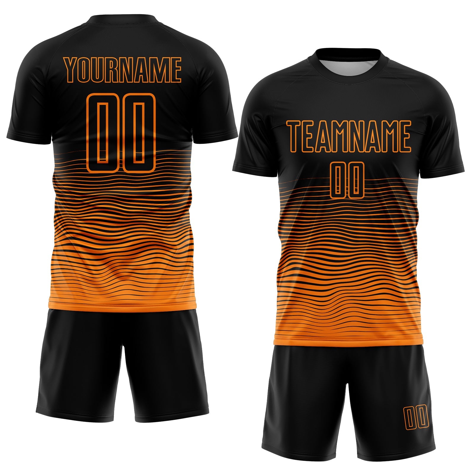 Custom Black Bay Orange Gradient Wave Line Sports Sublimation Soccer Uniform Jersey view 2