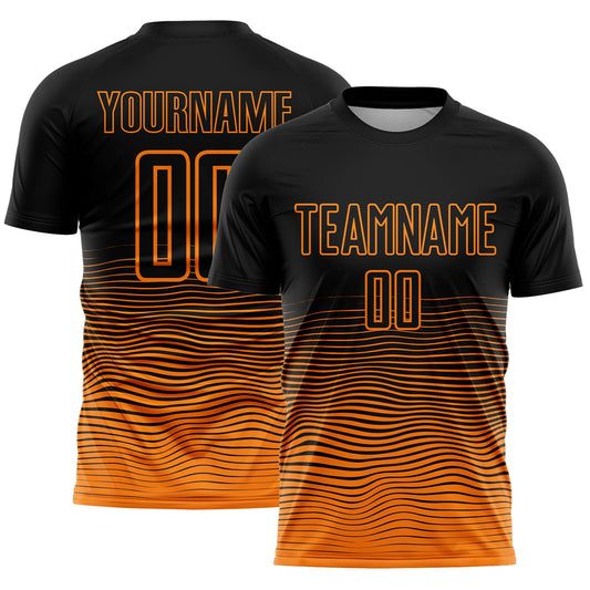 Custom Black Bay Orange Gradient Wave Line Sports Sublimation Soccer Uniform Jersey - Main View