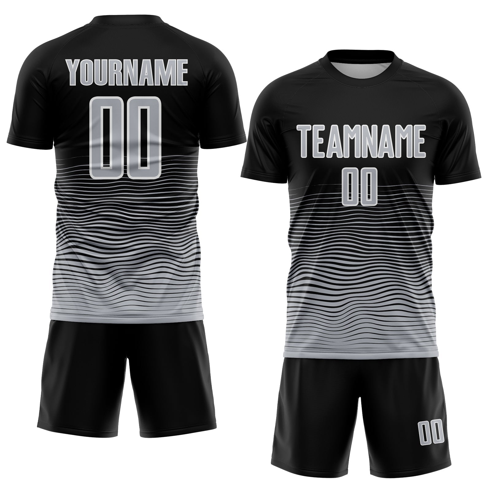 Custom Black Gray-White Gradient Wave Line Sports Sublimation Soccer Uniform Jersey view 2