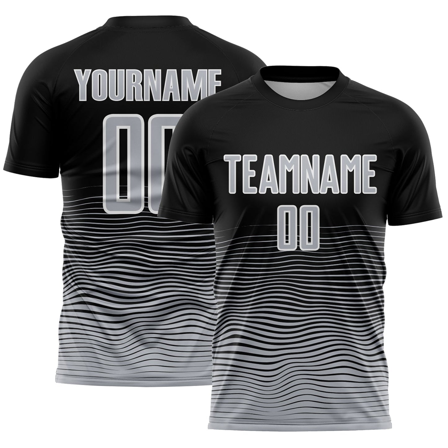 Custom Black Gray-White Gradient Wave Line Sports Sublimation Soccer Uniform Jersey - Main View